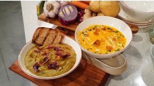 sopa de zanahoria y jengibre, y sopa de papa puerro y panceta