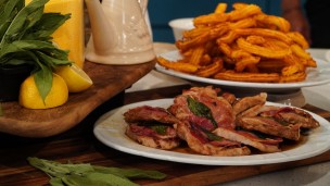 saltimboca de cerdo con churros de polenta