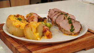 Peceto relleno al trapo y puerro envuelto en panceta