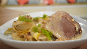 Increíble peceto con salsa de nuez e hinojos glaseados  