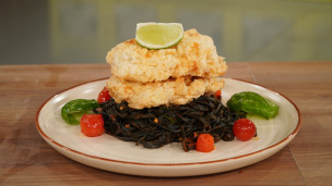 SPAGUETTIS CON ESCALOPE DE PESCADO