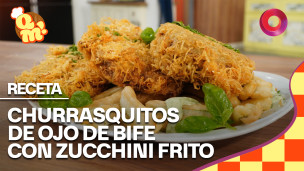 churrasquitos de ojo de bife crocantes con zucchini frito y mayo de albahaca.