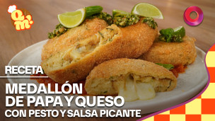 Medallones de Papa y Queso con Pesto y Salsa Picante