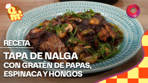 tapa de nalga con gratén de papas, espinaca y hongos