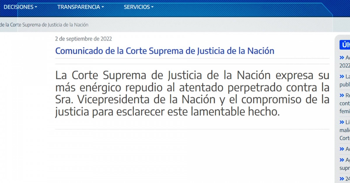 Ataque A Cristina: La Corte Suprema Manifestó Su Repudio Al Atentado ...