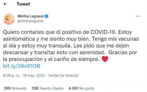 Mirtha Legrand tiene Covid-19