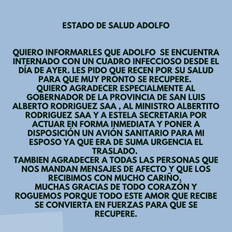 Posteo estado de salud de Adolfo Rodríguez Saá 
