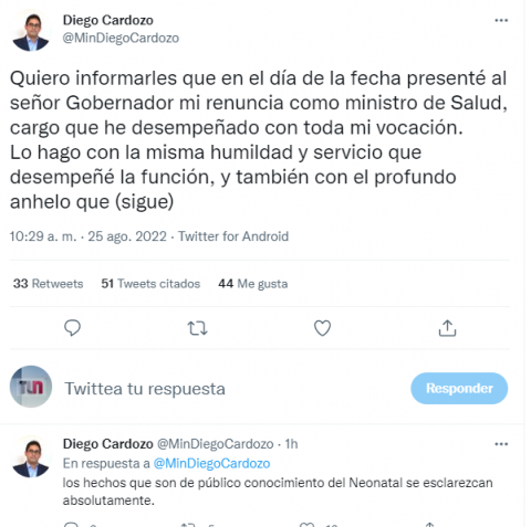 Tweet renuncia de Diego Cardozo