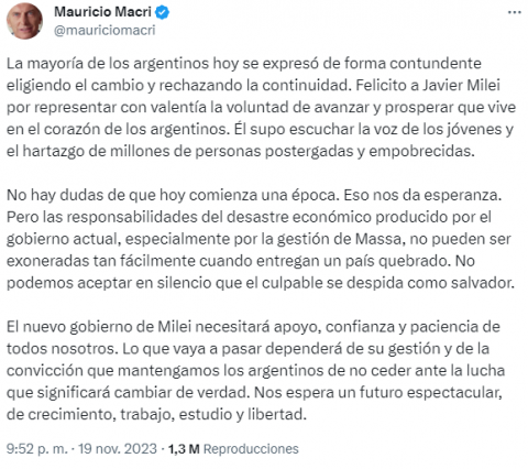 Tweet de Mauricio Macri